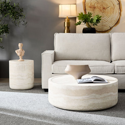 2 Faux Textured Coffee Tables And Side Tables, Fiberglass Round, No Assembly, Classy Look 2 Livingroom Furniture, Round Table Table, Assembly Not Needed