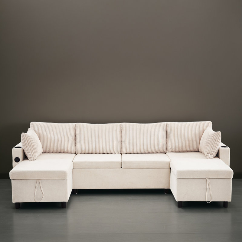 Canapé-lit modulaire escamotable en forme de U de 112 po avec rangement, Chenille beige