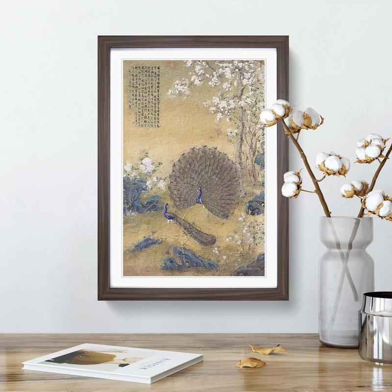 Peacock with a Spread Tail by Lang Shining - Picture Frame Painting Print, Walnut Framed, 36cm H x 27cm W x 2cm D