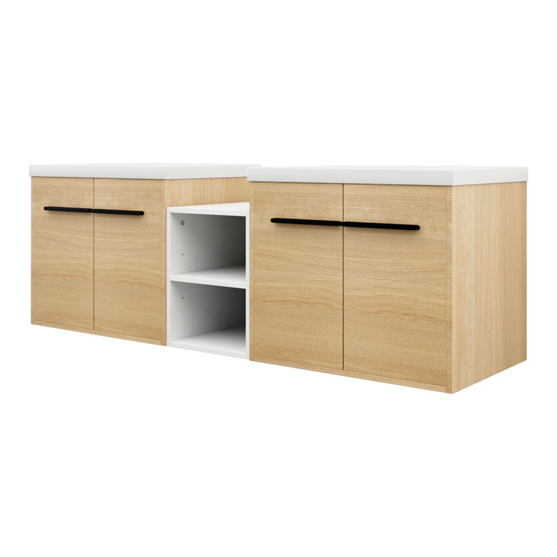 Ensemble de meuble-lavabo mural 60 po avec lavabo de comptoir en résine et 1 tablette de rangement, 4 portes à fermeture douce (KD-Packing)