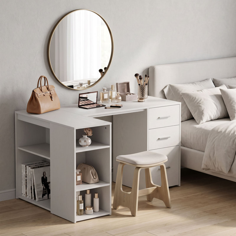 Table d'ordinateur de coin en L avec prises de courant, blanc