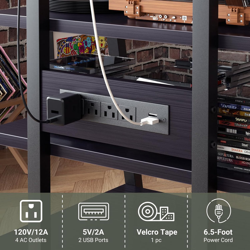 AV Media Stand With Outlets, Media Console With LED Lights, Stereo Racks And Stands With Storage Shelves, Media Audio Tower Cabinet