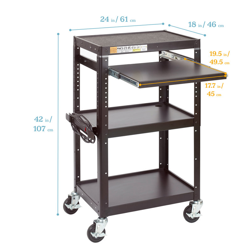 Black Alloy Steel Rolling AV Presentation Cart with Adjustable Shelves
