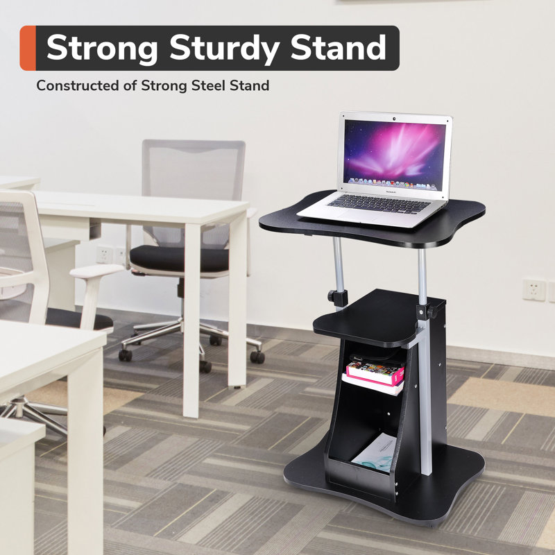 Black Adjustable Height Mobile Laptop Cart with Drawer