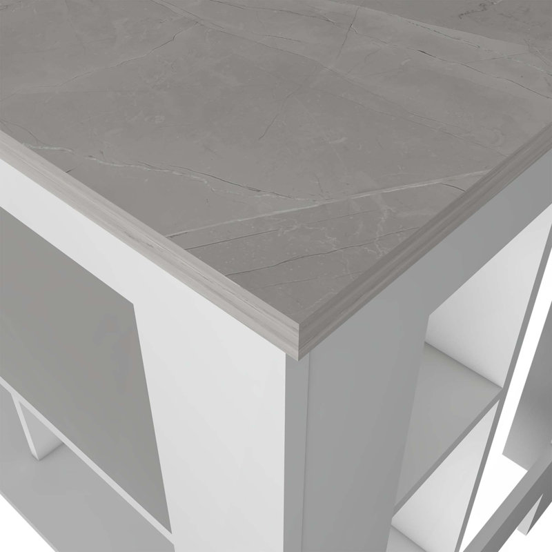 Îlot de cuisine Brooklyn, trois tablettes dissimulées, Blanc / Gris