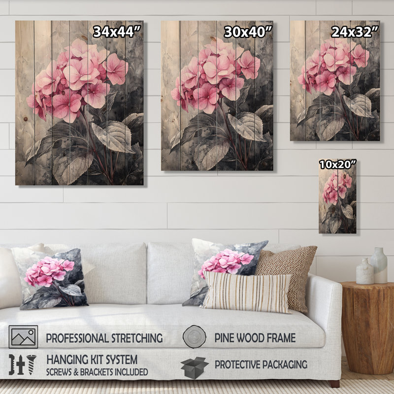 Soft Pink Hydrangea In Greyscale I - Hydrangea Wood Wall Art - On Natural Pine Wood, 20" H x 10" W x 0.78" D