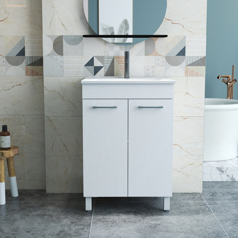 Meuble-lavabo de 24 po avec lavabo, portes à fermeture douce, tablette réglable et lavabo en céramique durable pour espaces compacts