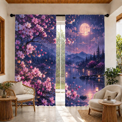 2Pcs Japanese Cherry Blossom Curtains, light filtering fabric, magical moonlight night landscape, romantic floral and water scene, privacy protection, rod pocket design, home decor for living room, bedroom, balcony, kitchen