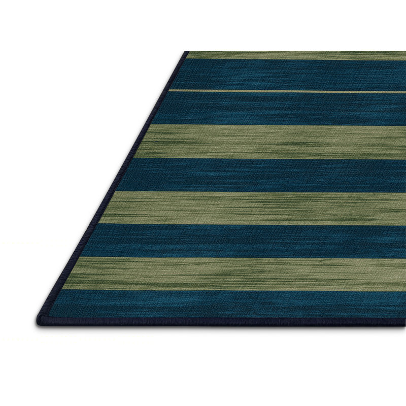 Machine Washable Horizontal Stripes Blue Area Rug, Square 3'