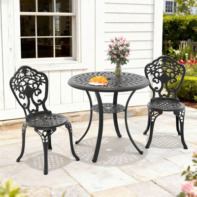 Ensemble bistro 3 pièces en fonte d'aluminium, table ronde 30,71 po avec trou pour parasol et 2 chaises avec siège d'une largeur de 15,35 po
