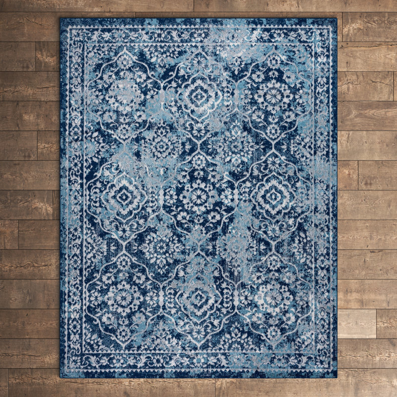 Tapis bleu / crème Ezralynn, Rectangle 5 pi 3 po x 7 pi 3 po