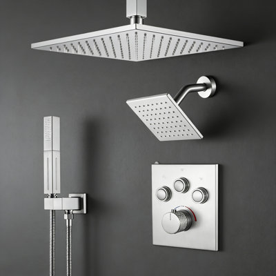 Thermostatic Shower System, Ceiling Mount 12 Inch Shower Head With 6 Inch Wall Mount Shower Head