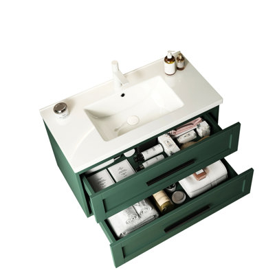 Lavabo de meuble-lavabo 36 po, armoire moderne à 2 tiroirs, lavabo en céramique blanche, lustre, évier avec beaucoup de possibilités de rangement, armoire flottante, tiroirs de rangement, fermeture silencieuse et facile à installer,