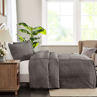 Couvre-lit très grand gris foncé 3 pièces - courtepointe d'angle plissée, microfibre, rembourrage 100%, choix de literie, tissu en microfibre, thème de chambre romantique