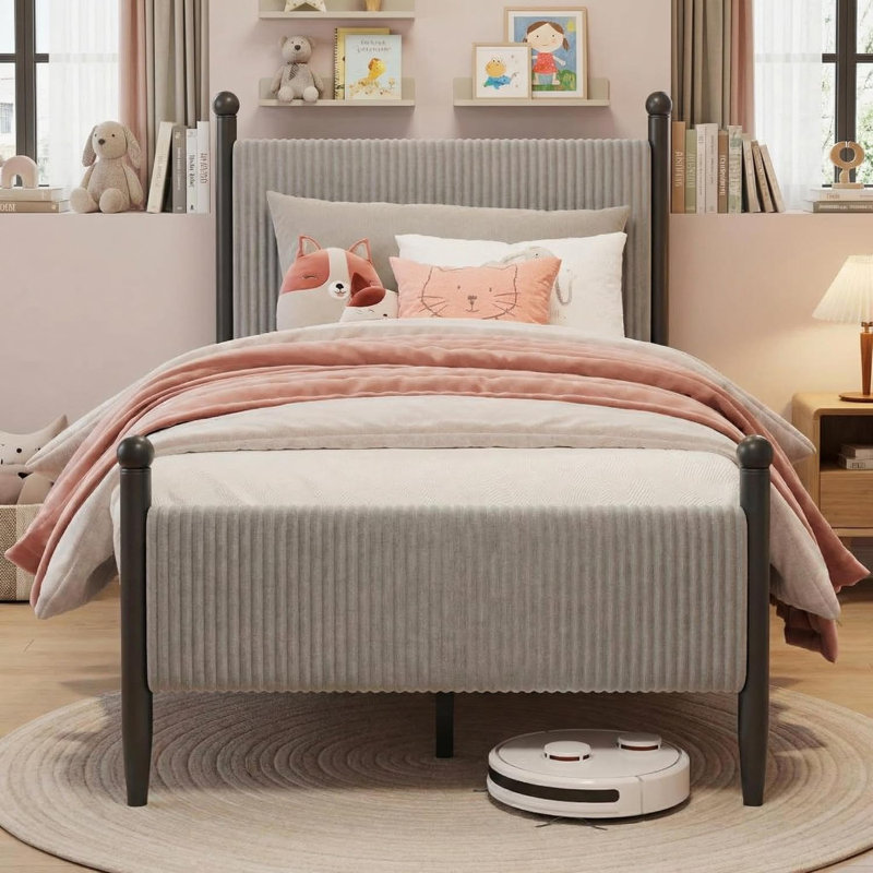 Twin Size Bed Frame with Vertical Stripes headboard/ Corduroy upholstered Bed upholstered Bed Frame with Vintage Metal Legs/ no Box Spring Needed Easy Assembly Grey