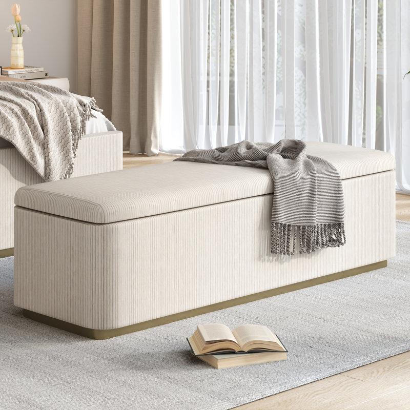 Banc de rangement rembourré en velours côtelé, Gris clair