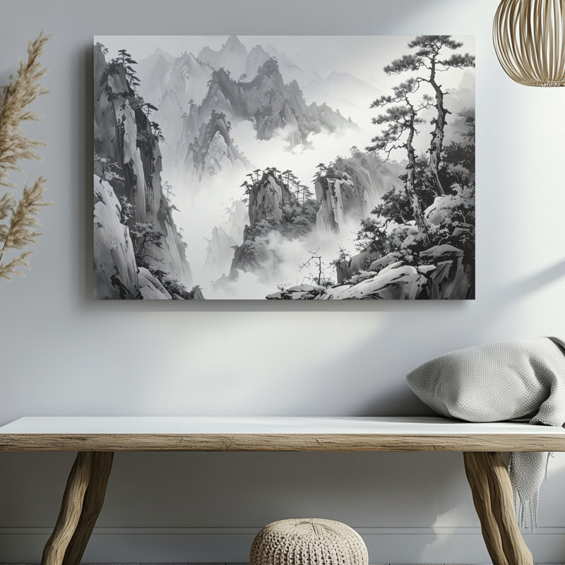 Toile, encre de Chine, paysage de montagne et brume, art mural, H 30 po x l 40 po