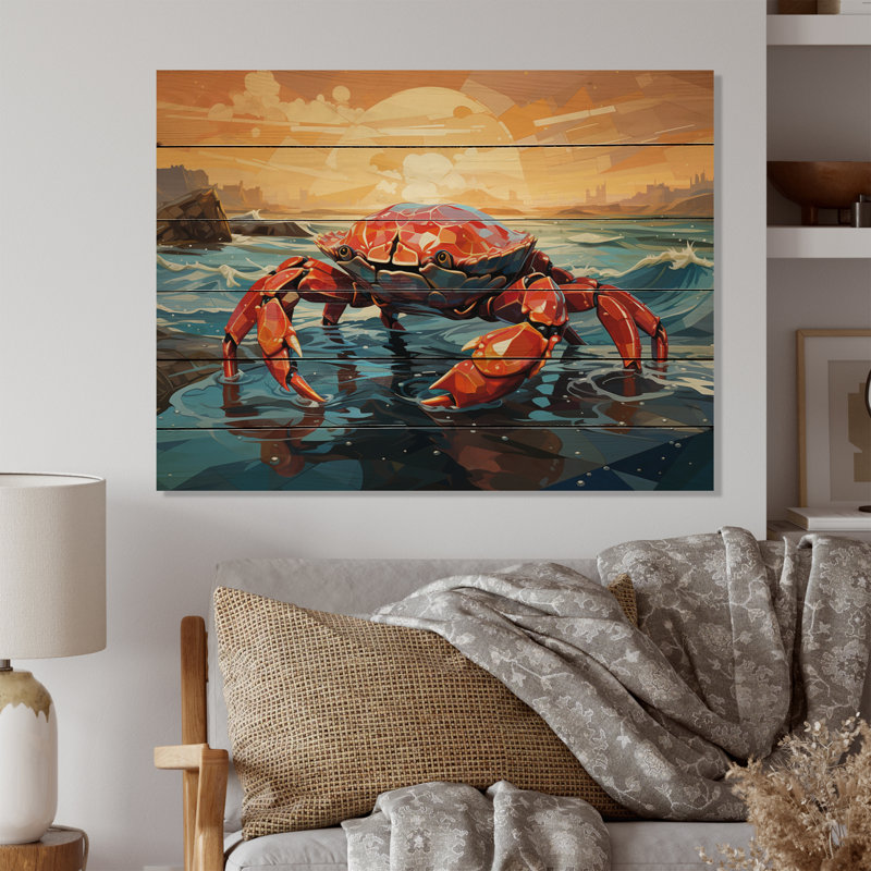 Crab Coastal Guardian, impression géométrique sur bois, H 30 po x l 40 po x P 0,78 po