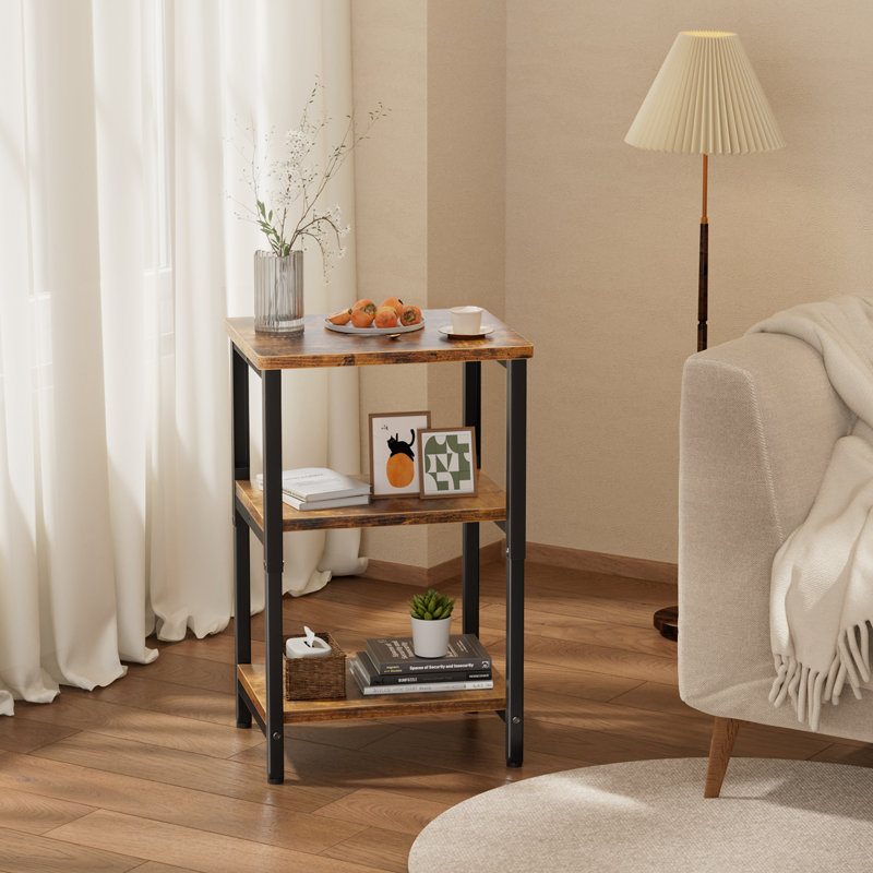3 Tier Side Table, Adjustable Height End Table With Storage Shelf, Nightstand For Bedroom, Living Room, Office And Any Small Space, Easy To Assemble, Rustic Brown