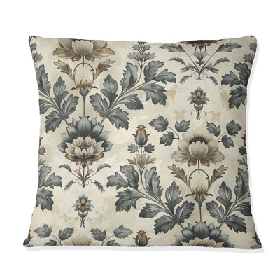Grey Floral Wreath II - Traditional Throw Pillow