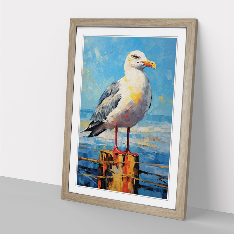 Seagull Expressionism - Single Picture Frame Print on Wood, 46cm H x 34cm W x 2cm D, Oak
