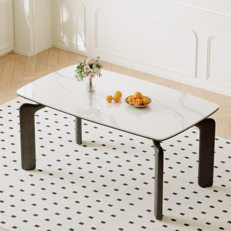 Table de salle à manger 59 "x 32" en pierre frittée blanche avec pieds courbés en métal