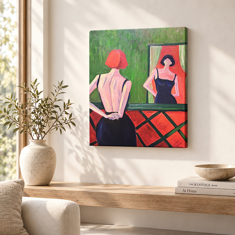 Tableau sur toile « Femme au miroir », H 10 po x l 8 po, Cadre en bois naturel