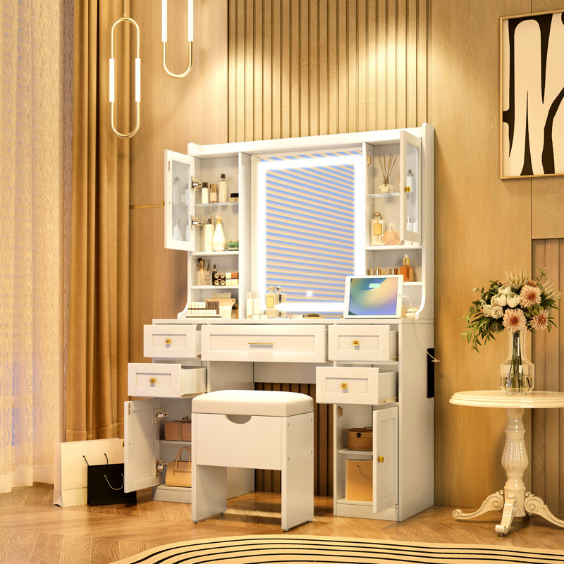 Table de maquillage 41,4 "avec Aura rétro, miroir, lumières, 5 tiroirs, 4 armoires, station de charge et tabouret - blanc, tablettes réglables pour l'esthétique des outils, rangement