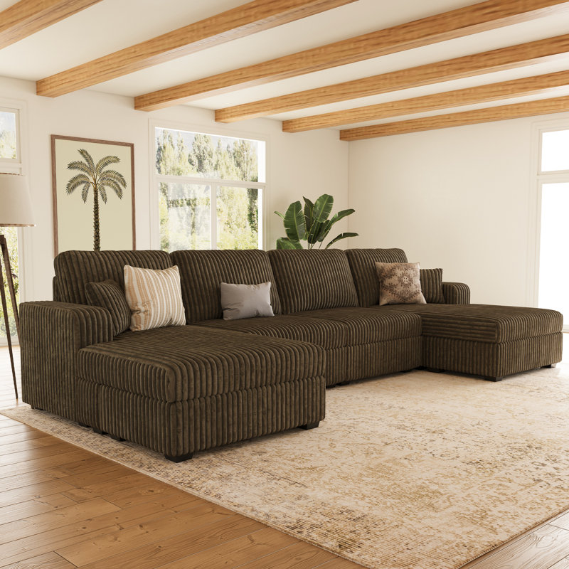 Bianca U-Shape 4 Seats Wide Plush Corduroy Modular Sofa Memory Foam Sectional With Storage For Living Room, Brown Corduroy