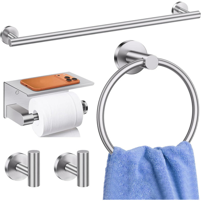5 Pieces Bathroom Hardware Accessories Set  Brushed Nickel, 24Inch Round Towel Racks Set for Bathroom, SUS304 Stainless Steel Towel Bar Set,Toilet Paper Holder with Shelf Wall Mounted