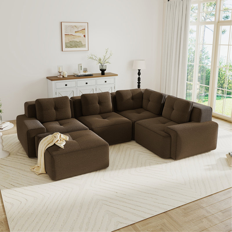 Canapé modulaire moderne à 4 places, canapé d'angle en V, tissu velours côtelé, siège profond pour le salon, repose-pieds mobile, passepoil perlé, conception capitonnée, sans assemblage, conception antidérapante