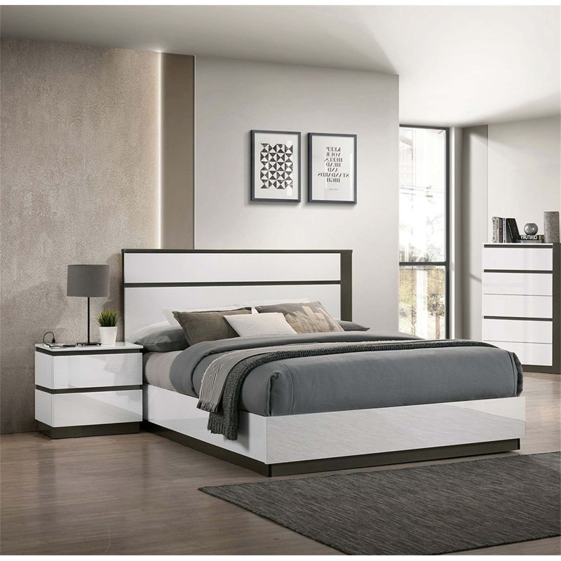 Table de chevet contemporaine avec finition ultrabrillante, détails métalliques et port USB pour les chambres à coucher modernes