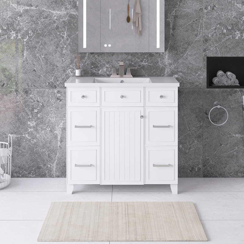 36 po Meuble-lavabo autoportant avec plateau en céramique blanche non assemblé, Blanc