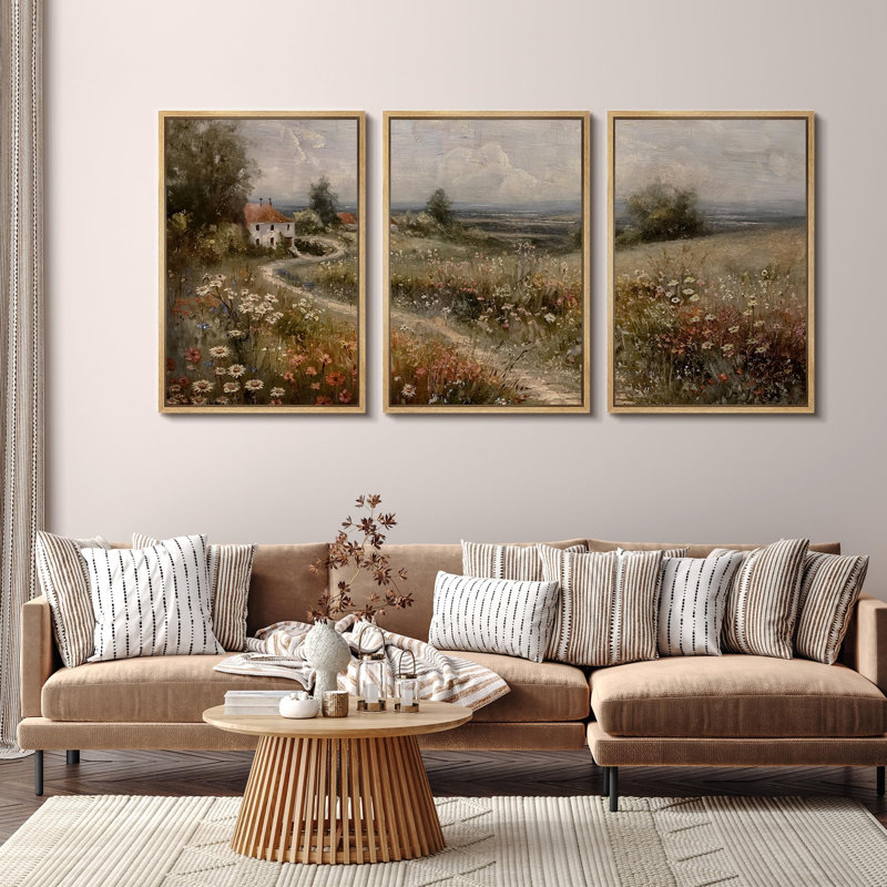 "Paysage champêtre idyllique avec illustration florale, décor rustique, relax, calme et chic" - 3 pièces sur toile, Naturel