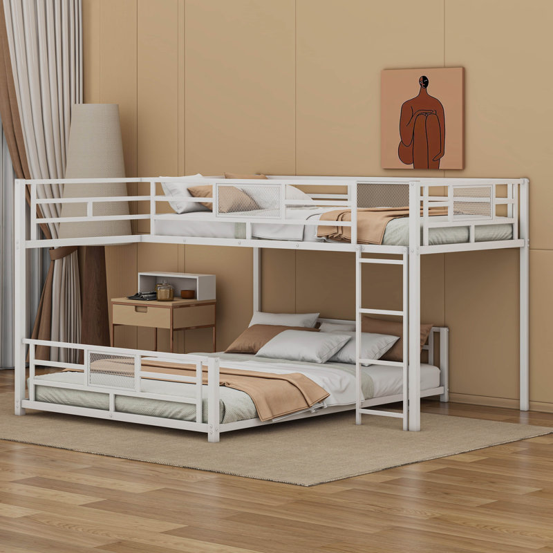 L-Shaped Metal Twin Over Full Size Bunk Bed, White