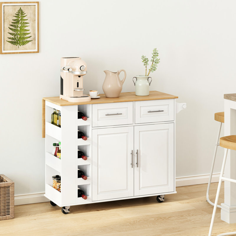 Îlot de cuisine blanc avec 2 armoires, tiroirs, support à épices précieux, porte-serviettes, plateau de table en bois d'hévéa fascinant