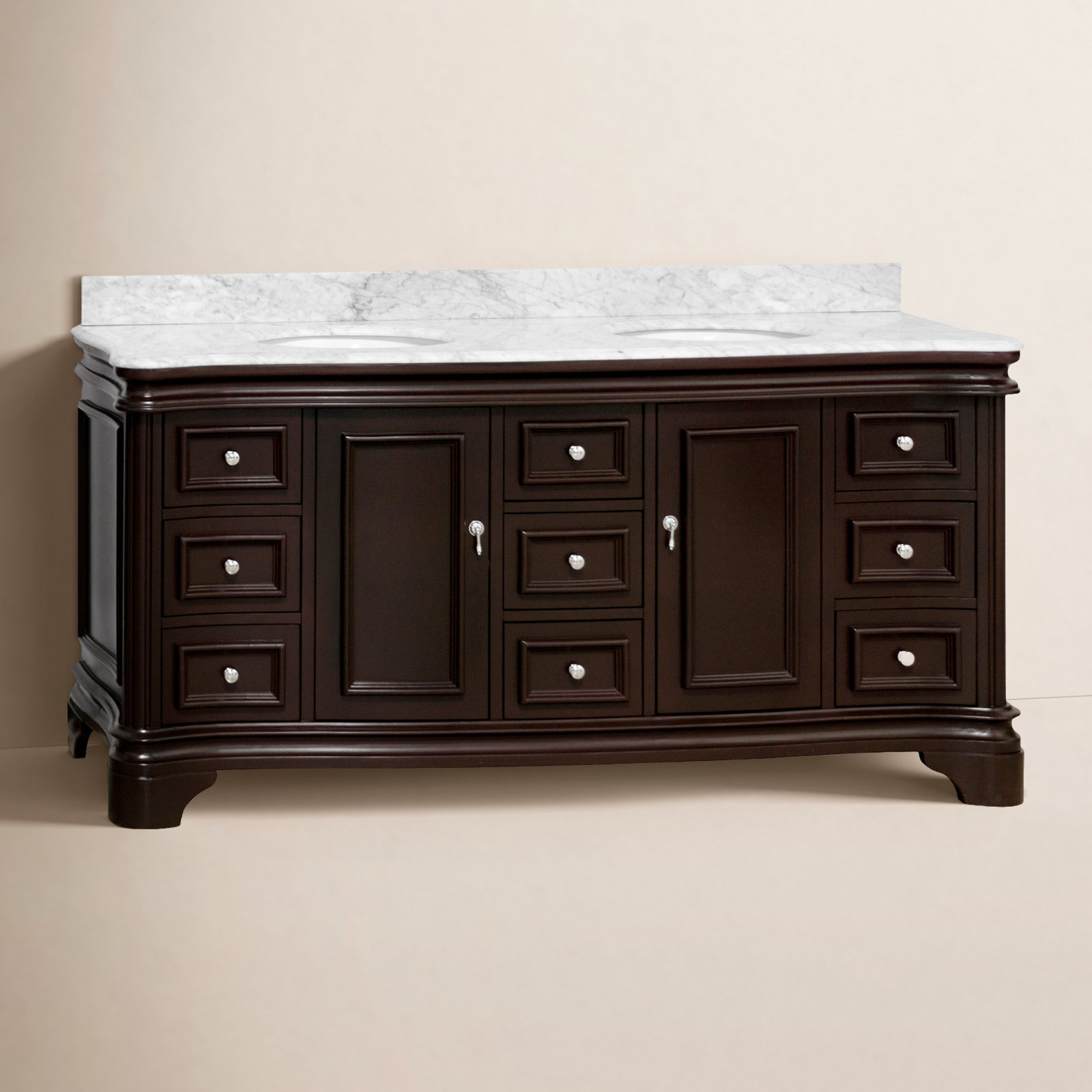 Twain 72" Carrara Marble Double Bathroom Vanity, Carrara Marble, Chocolate