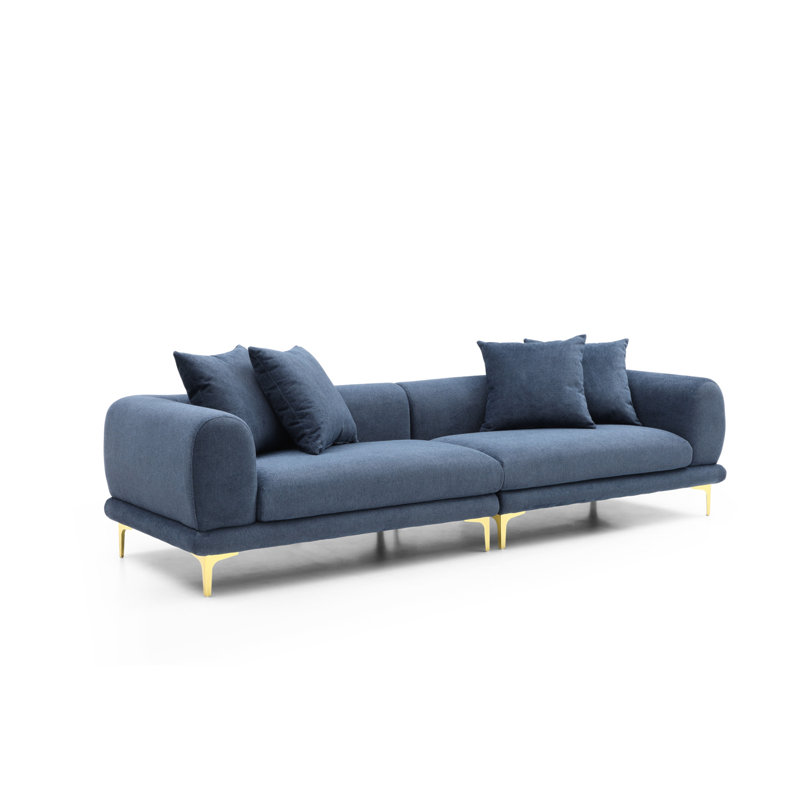 Kaseta 102" Upholstered Sofa, Navy Blue Cotton, 25.4" H x 108.3" W x 36.2" D, Gold