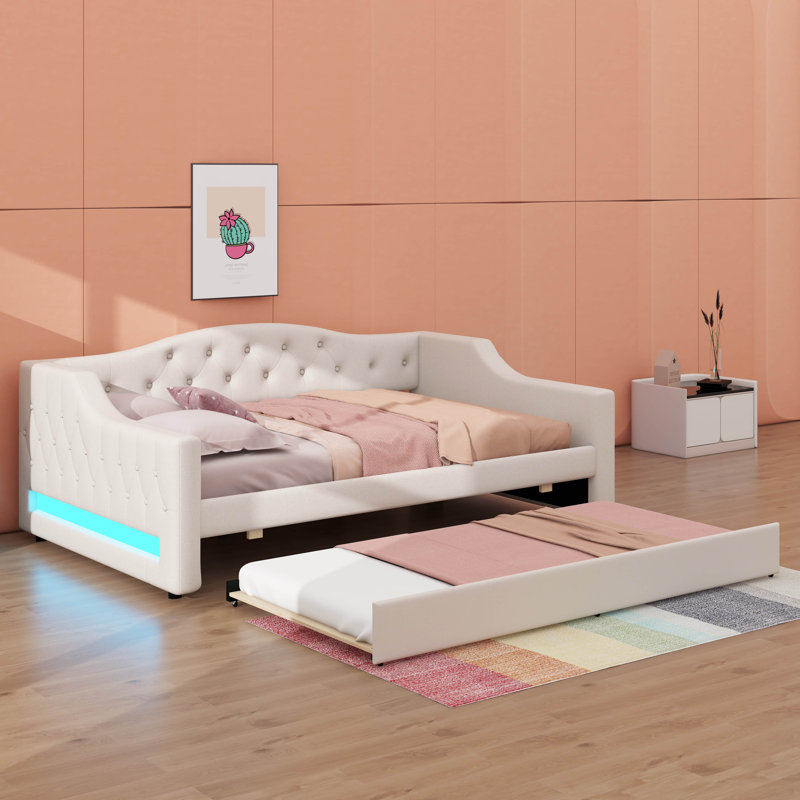 Full XL Daybed Incorporating Built-In LED Lighting And A Retractable Trundle, Beige