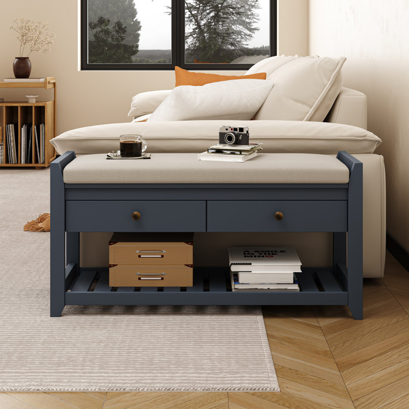 Etom Upholstered End Table With Storage Drawers And Shoe Rack, Blue