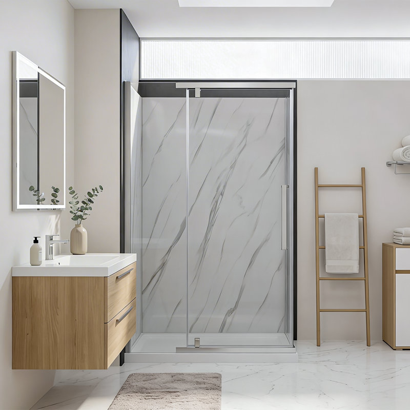 Vienna 48 in. x 32 in. x 78.6 in. Semi-Frameless Rectangular Shower Kit in Chrome with Wall Panels and Base , Chrome