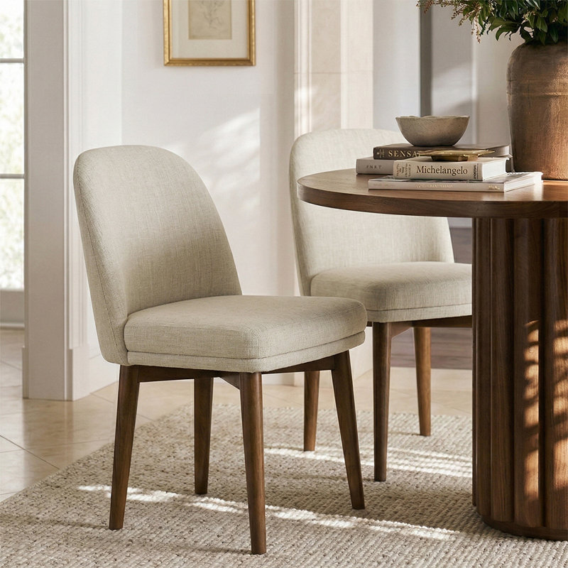 Beige Linen Dining Chairs with Solid Wood Legs, Beige