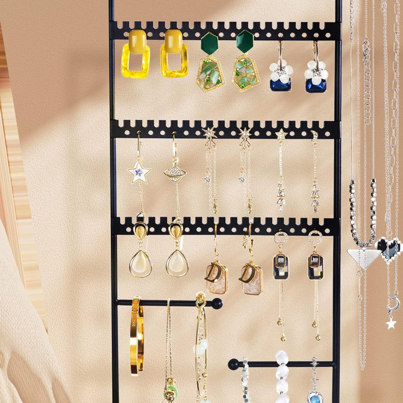 Organisateur de bijoux avec support à boucles d'oreilles et plateau à bagues en bois amovible - Noir