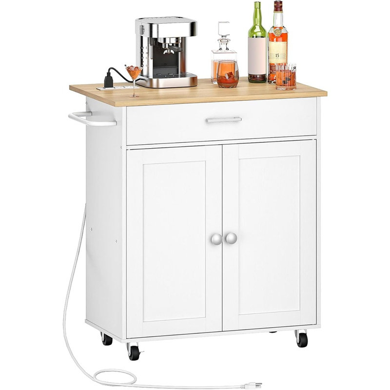 Chariot pour îlot de cuisine avec armoire double et tiroir, chariot de rangement roulant avec barre d'alimentation et abattant, pour la cuisine ou le salon, blanc et naturel