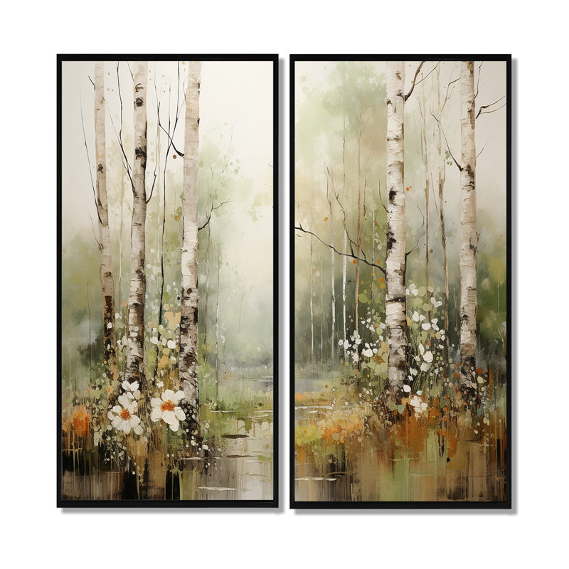 Minimalisme, forêt, bois II - ensemble d'art mural traditionnel de 2, 40" H x 40" W, Impression encadrée flottante, Black