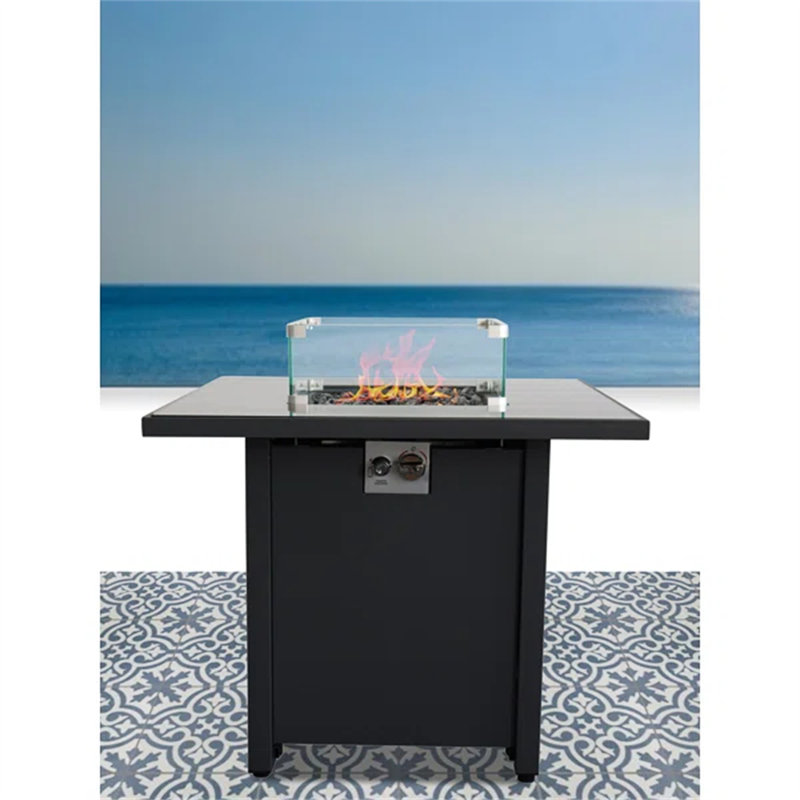 30" Black Powder-Coated Metal Fire Pit With Smoked Glass Top