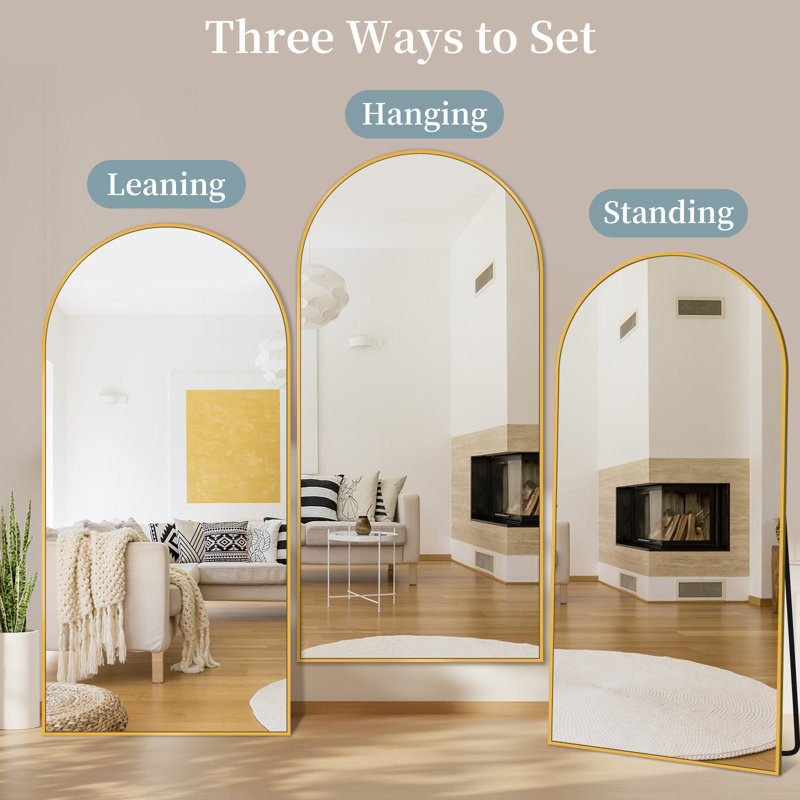 Miroir de plancher noir arqué avec support, miroir autoportant de 38 po x 77 po pour chambre à coucher, 82 po x 44 po, Doré