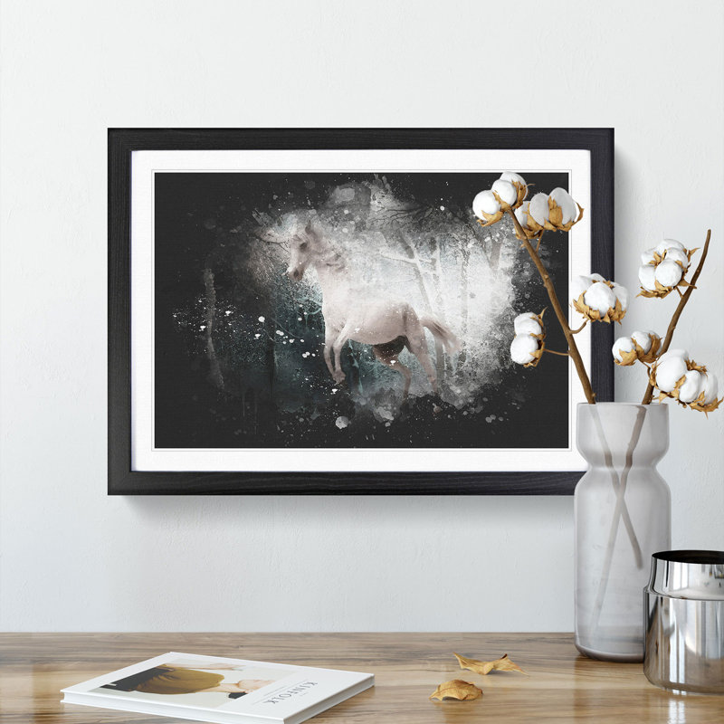 White Horse Rearing in a Winter Forest - Picture Frame Graphic Art Print, 62cm H x 87cm W x 2cm D, Black Framed