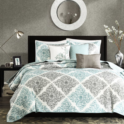 Ensemble de courtepointe réversible 6 pièces pour lit double / grand avec coussins plissés et ornés