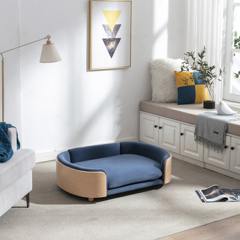 Canapé pour chien de style scandinave, Bleu foncé / naturel, Grand (H 11,02 po x l 38,58 po x P 26,77 po)
